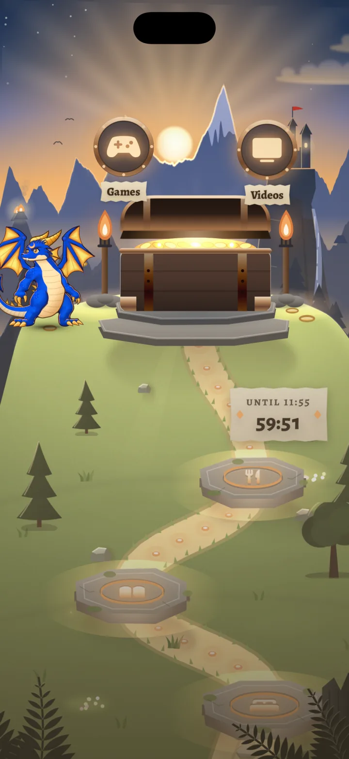 Child’s app preview with the chest open and a screen time countdown.