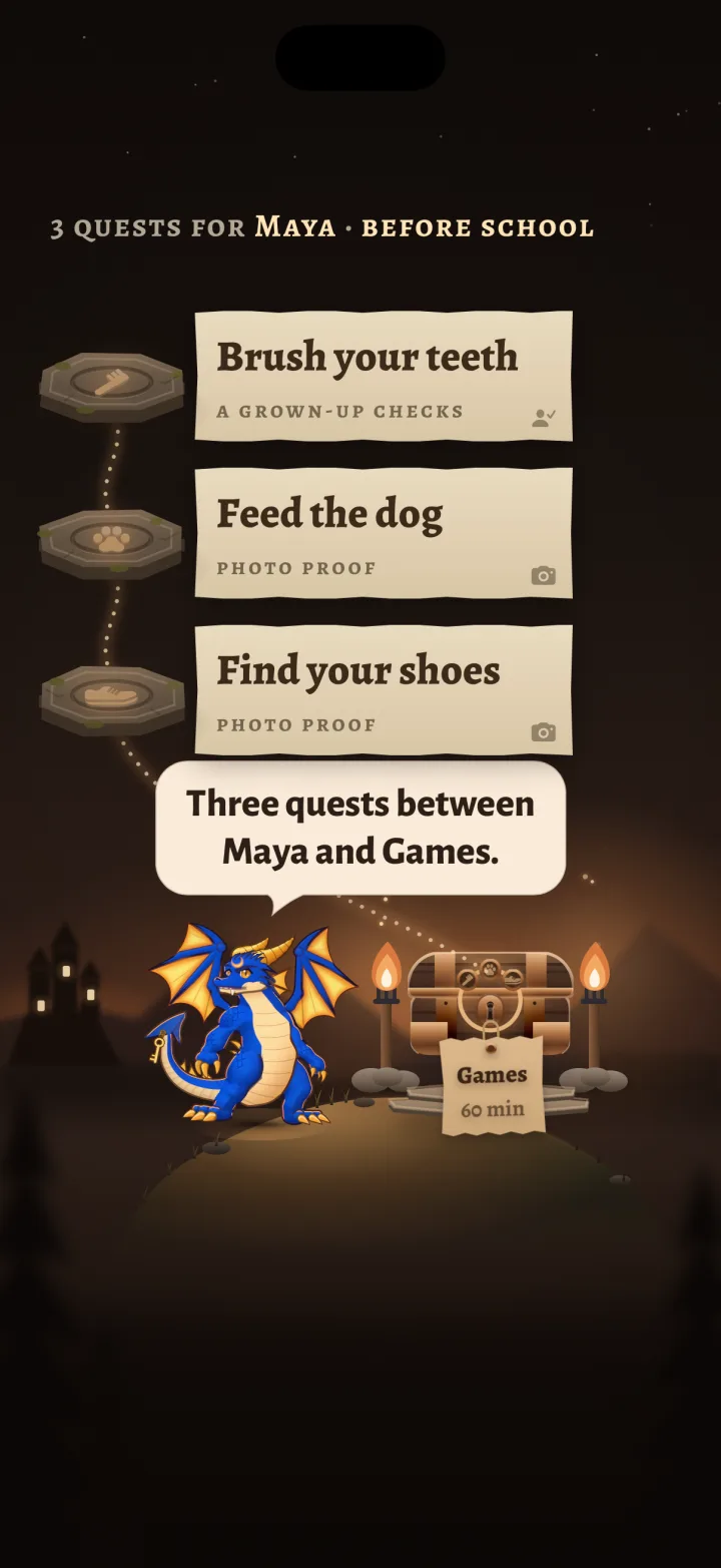 Parent’s Forge in the app, showing Brush your teeth, Feed the dog and Find your shoes as quests.