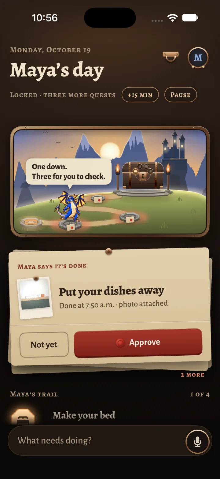 Parent’s day preview with a quest waiting for Not yet or Approve.