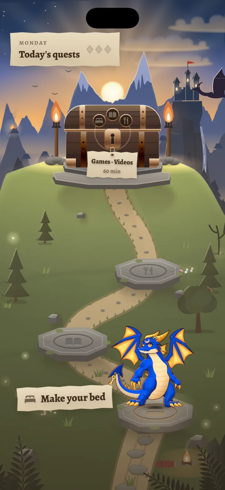 App preview: a locked chest above a winding trail of quest stones, with Wick the dragon beside Make your bed.